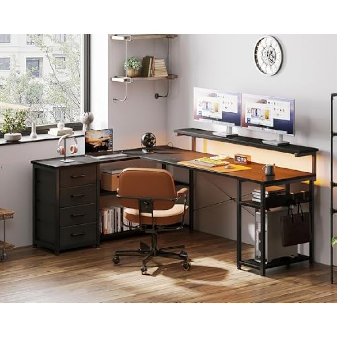ODK Corner Desk with Drawers, L Shaped Gaming Desk with LED Lights & Power Outlets, Reversible Computer Desks for Home Office Workstation, Office Desks with Monitor Shelf, 155×110 cm, Black