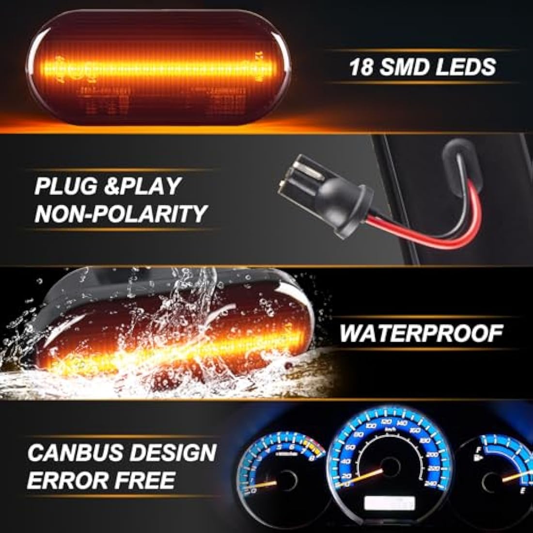 OZ-LAMPE Side Indicator, Dynamic LED Side Marker 18 SMD Amber Turn Signal Light Error Free Smoke For Fiesta C-Max Focus Fusion Galaxy Bora Golf Jetta Passat Polo Sharan Vento Ibiza Leon Citigo Felicia