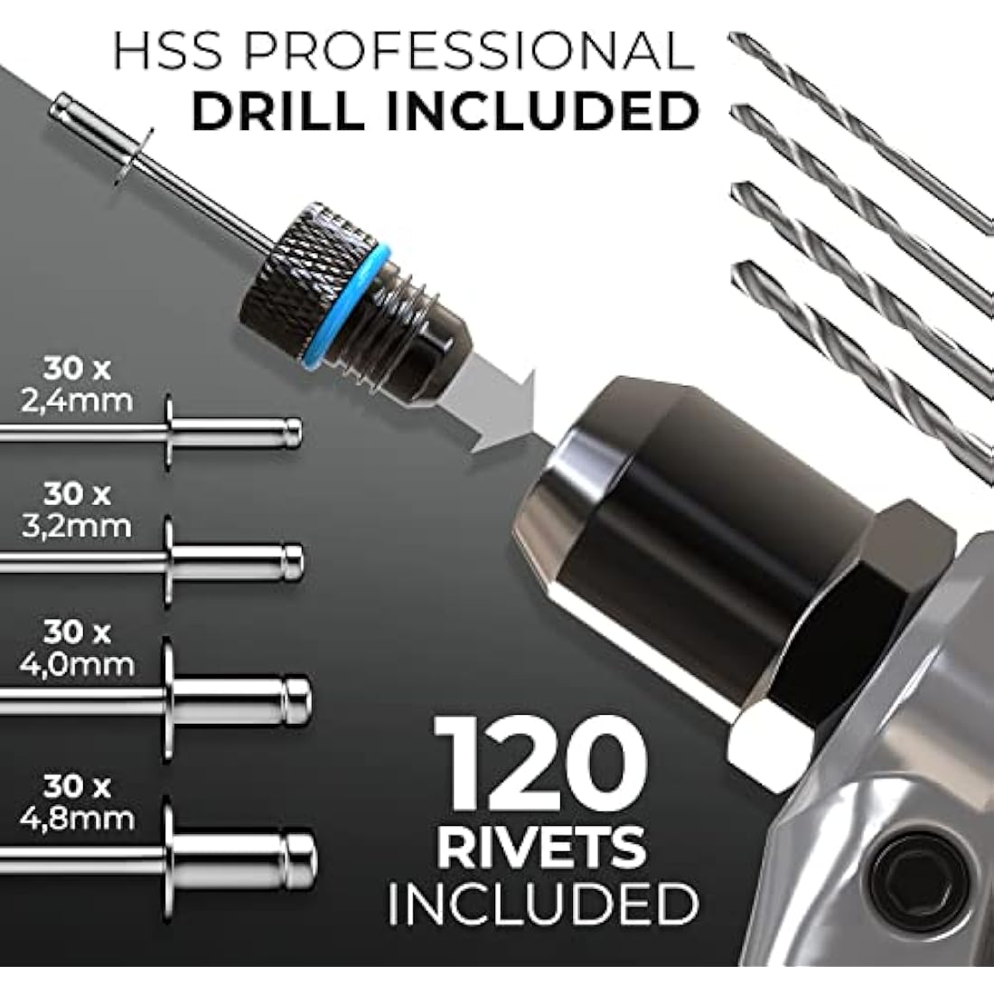 KLRStec® Professional Rivet Gun Kit incl. 120 Pop Rivets and 4 HSS Drills - High Quality Pop Rivet Tool Kit for Processing Pop Rivets