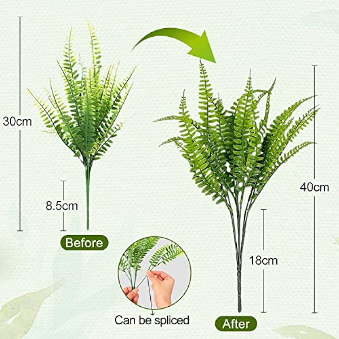 ToKinCen 12Pcs Artificial Fern Outdoor Faux Fern Plants Fake Boston Fern Plants Plastic Greenery Bushes Shrubs Bundles Patio Basket Pot Hanging Garden Planter Indoor Outside Decor