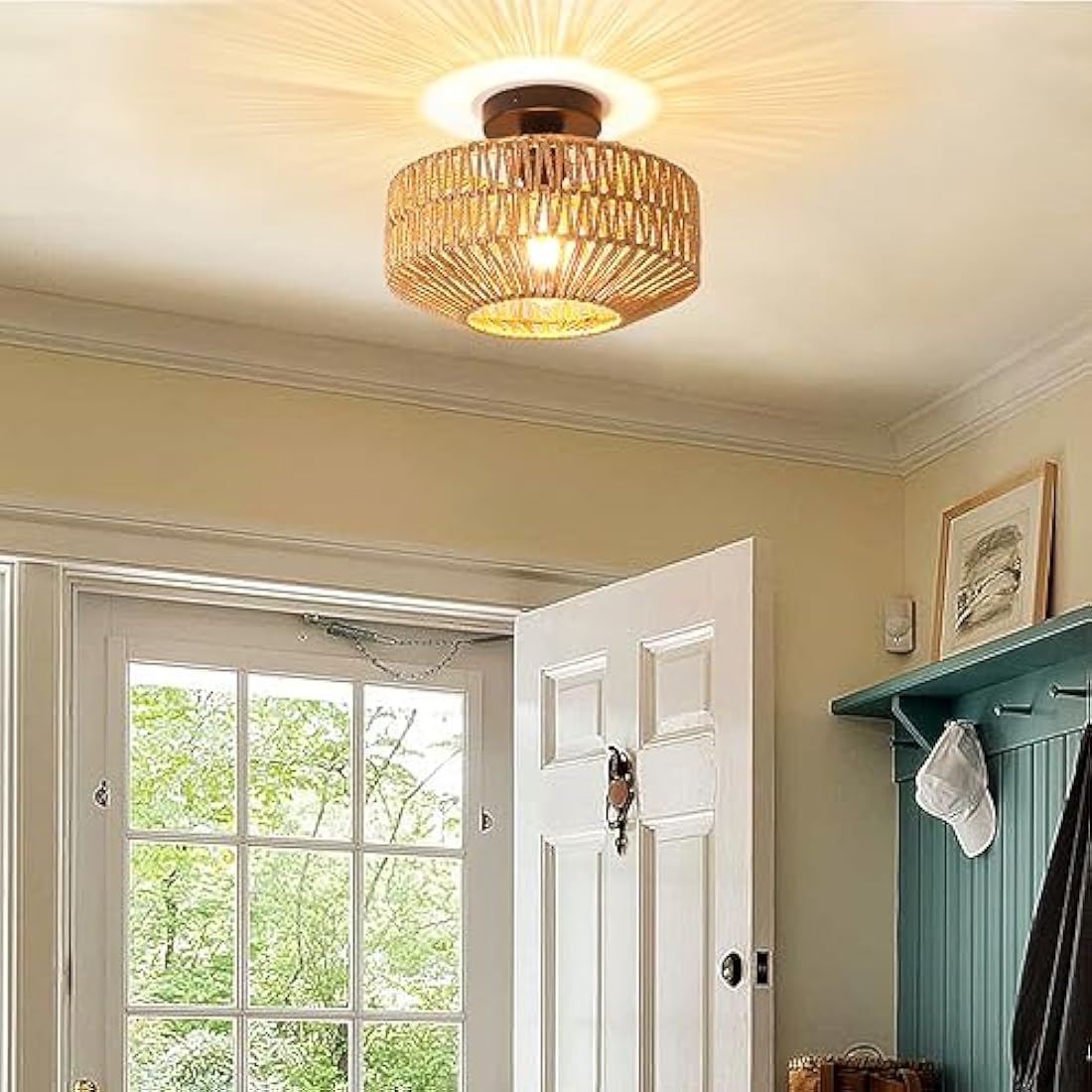 Schindora Boho Rattan Ceiling Lights,Vintage Chandeliers Ceiling Light E27 Rustic Braided Basket Lamp Shades Ceiling for Bedroom Living Room Kitchen Dining Hallway,Without Bulb