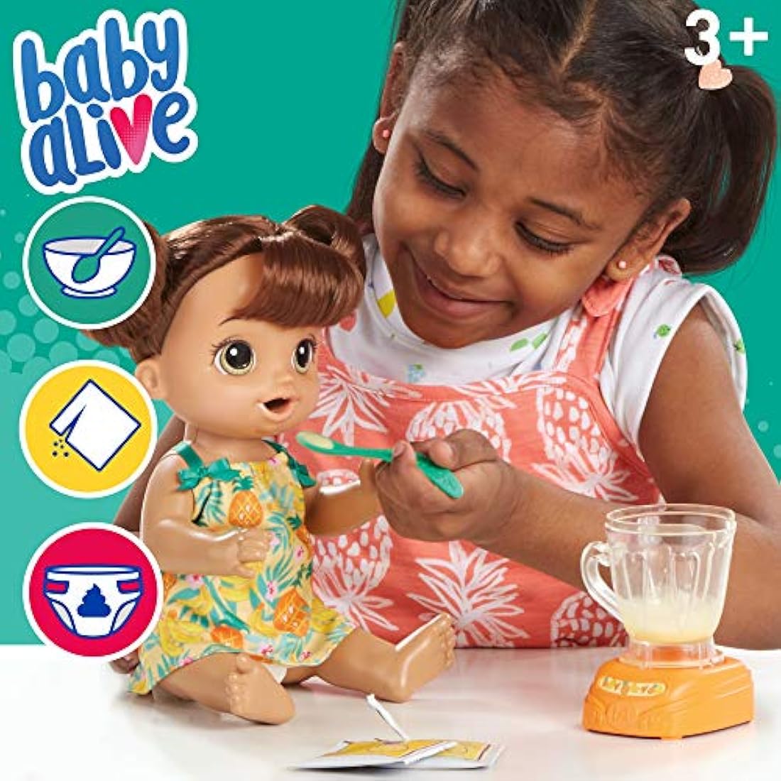 Baby Alive Magical Mixer Baby Doll Tropical Treat with Blender Accessories, Drinks, Wets, Eats, Brown Hair Toy for Children Aged 3 and Up
