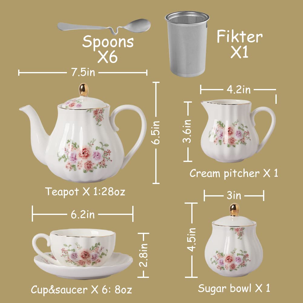 Sweejar Home Porcelain Tea Set Royal Family 225 ml to Cups and Saucers with Teapot Sugar Bowl Milk Jug Ceramic Tea and Coffee Cups (Rose Flower)