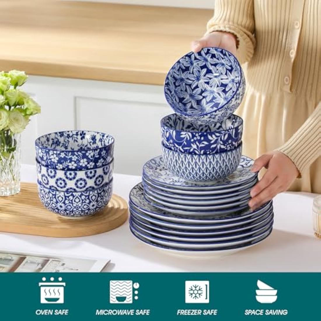 vancasso Selene Dinner Sets for 6 People, 18 Pieces Vintage Blue Porcelain Plates and Bowls Set Kitchen Crockery Set Dinnerware Sets, Mircowave and Dishwasher Safe Dishes Set