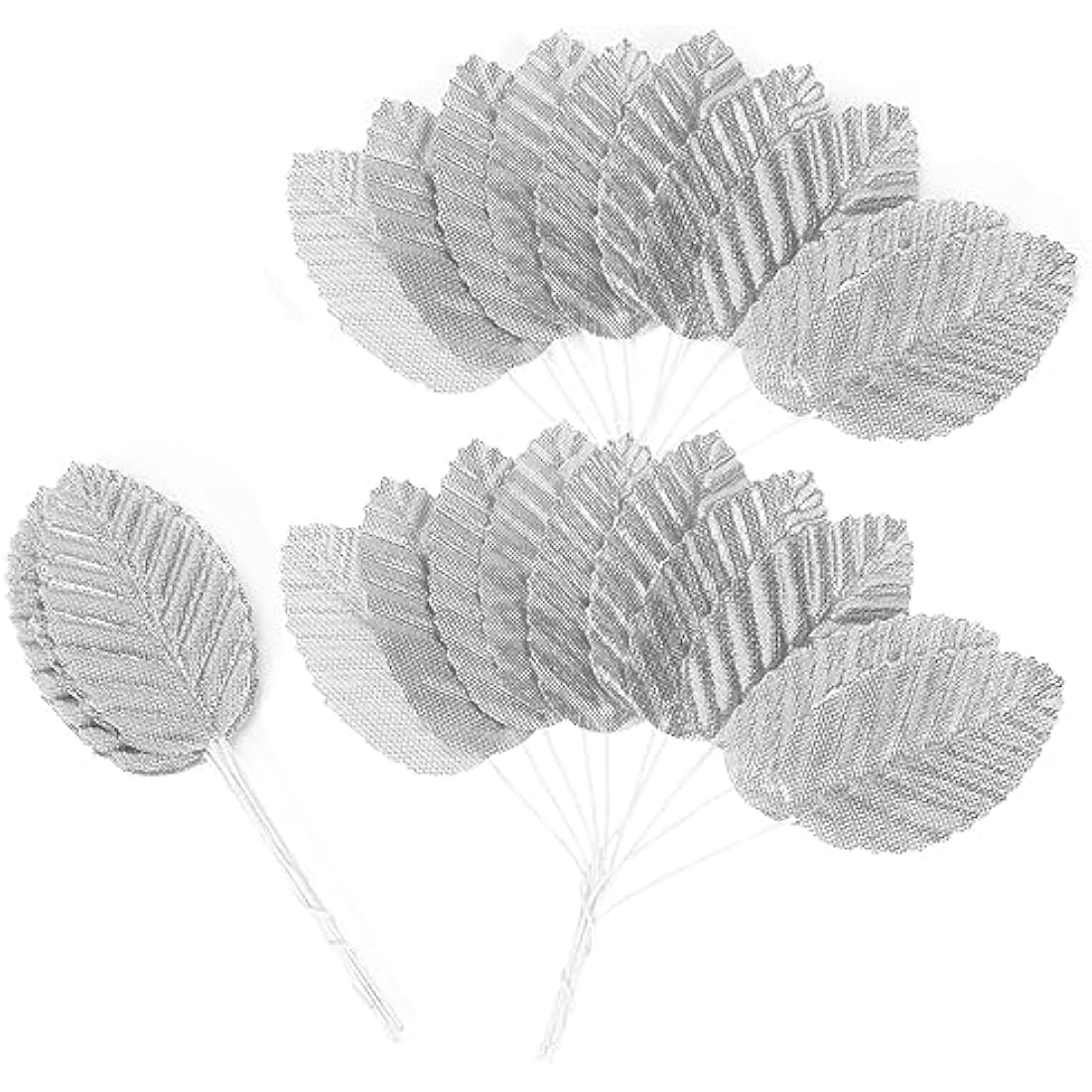 MWOOT 200Pcs Artificial Rose Leaves, Fake Single Leaf for Crafts, Silver Faux Silk Leaves for DIY Cake Bouquet Wreaths Christmas Wedding Party Festival Table Decoration, Wired Silver Leaves