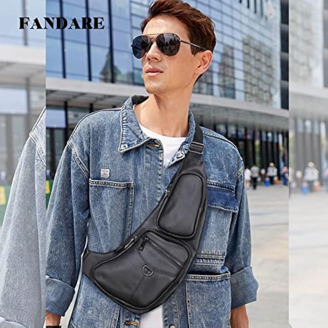 FANDARE Retro Sling Bag - Genuine Leather Chest Crossbody Bag for Business Travel Hiking Bicycle Sport Gym Pack - Black