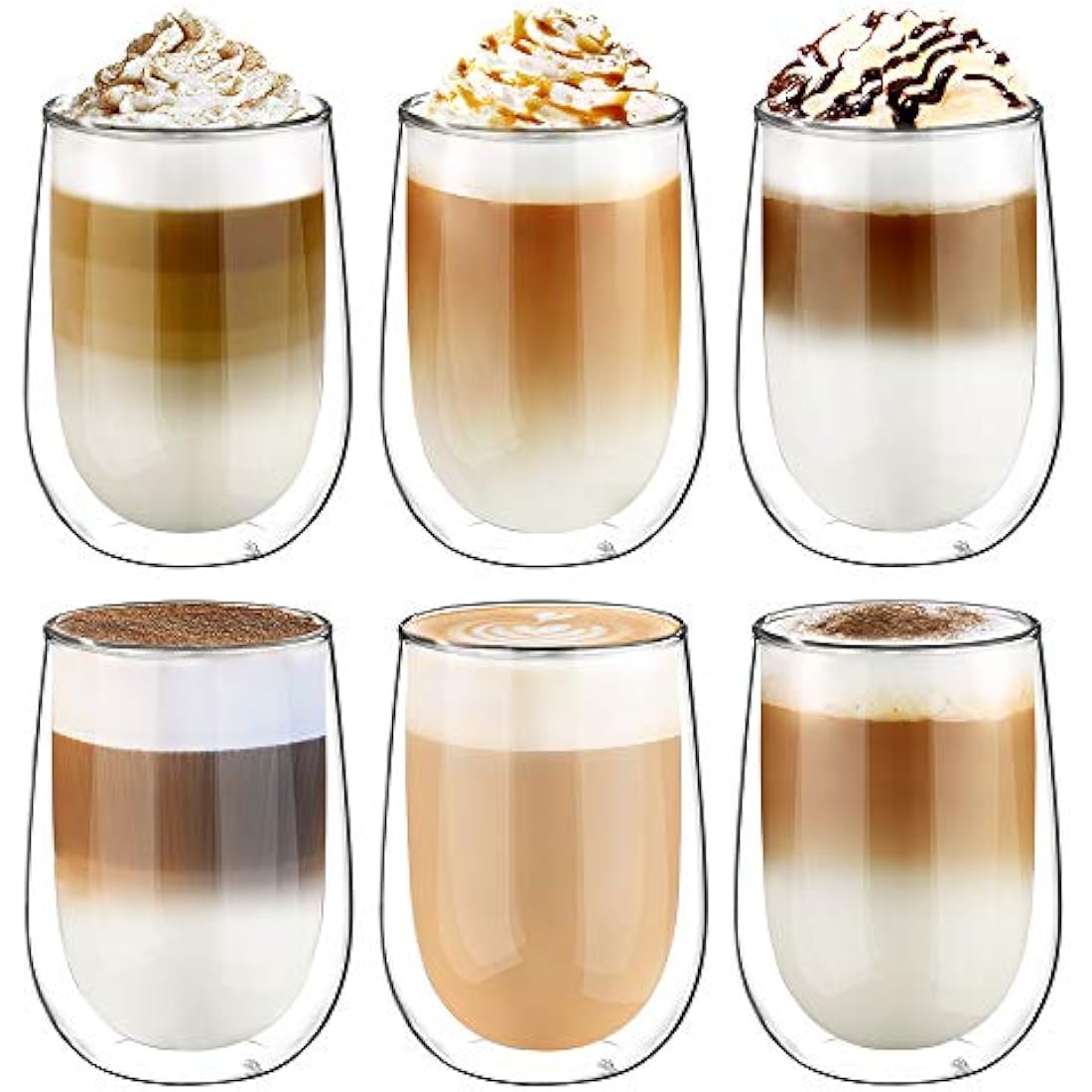 glastal 6x350ml Double Walled Coffee Glasses Mugs Cappuccino Latte Macchiato Glasses Cups for Coffee Tea Milk Juice Ice Cream Borosilicate Heat Resistant Glass Cups