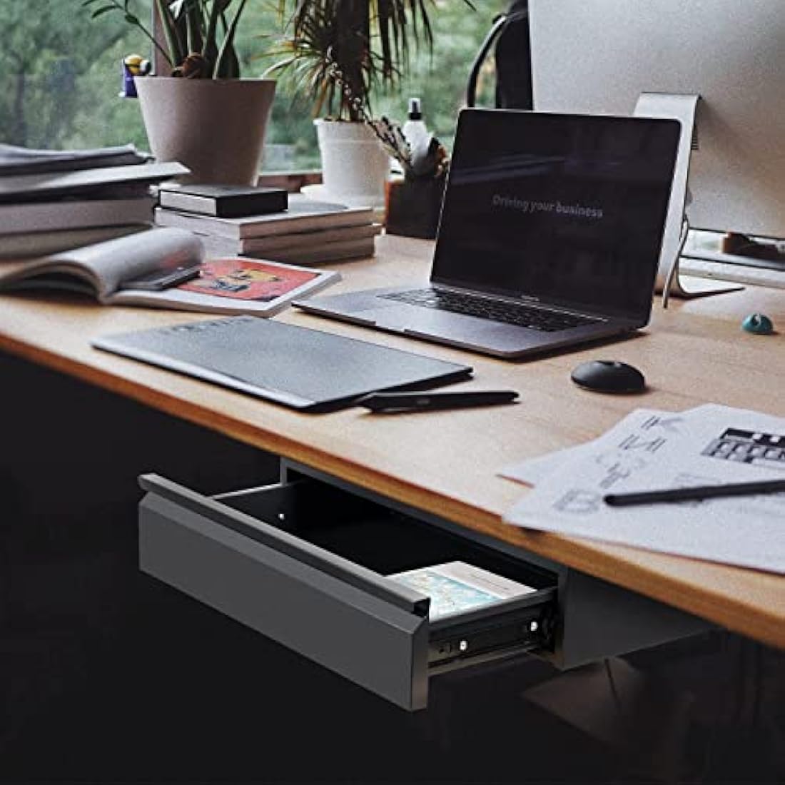 OSteed Large Under Desk Drawer 45cm Metal Black, Pull-out Shelf Organiser, Under Shelf Drawer with Large Slide Extension, Desk Extender Mount Under Flat Wooden Table or Workbench, Normal_Version