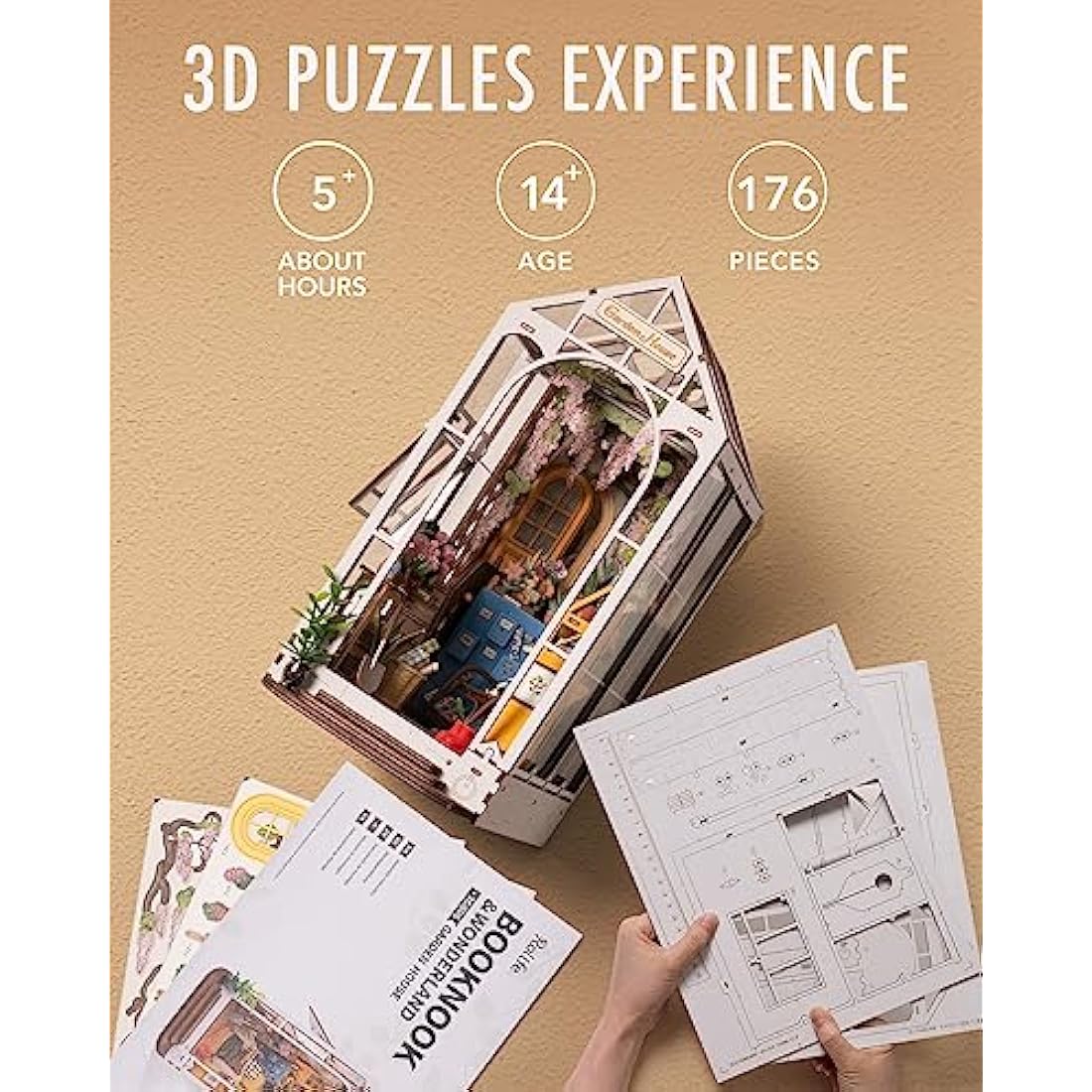 Rolife Book Nook Kits for Adults Gardenhouse DIY Miniature House Kit 3D Puzzles Bookends Bookshelf Decoration Christmas Birthday Gifts for Girls Women LED Lights