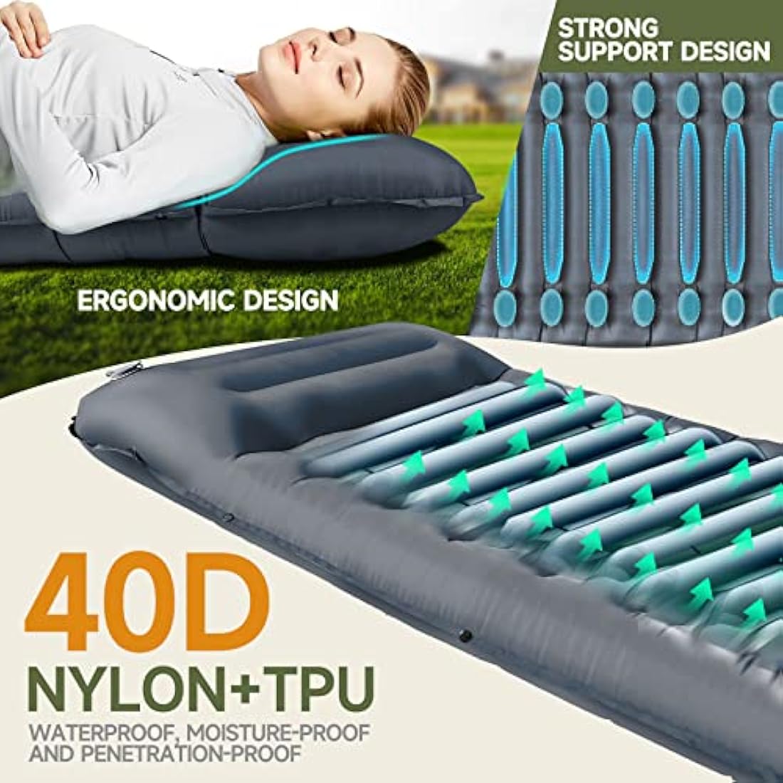 BLUEVER Camping Mattress, 14 cm Thick Self-inflating Outdoor Sleeping Pad with Foot Pump, Waterproof and Durable Air Mattress for Hiking, Backpacking