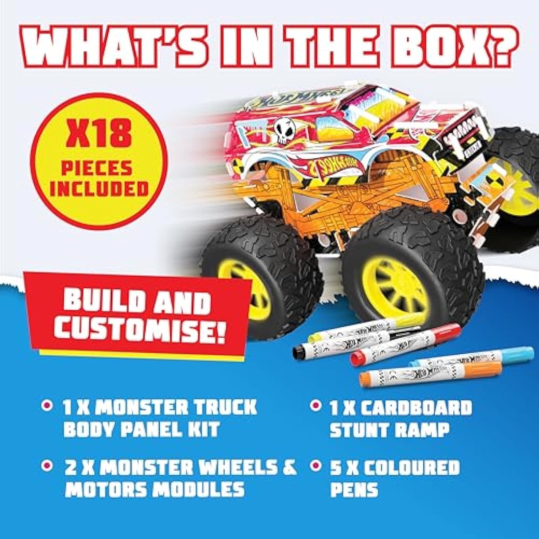 BLADEZ Hot Wheels Toyz Make Your Own Monster Truck - Art Set For Kids 6-12 with Markers & Stunt Ramp - Hotwheels Kit for Play - Kids Colouring Sets & STEM Learning - Customizable & Eco-Friendly