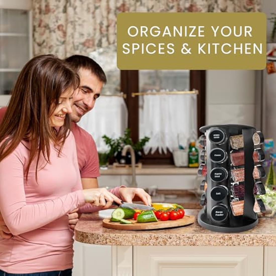 Wize Products - Black Countertop Rotating Spice Rack, 20 Empty-Jars Revolving Organiser 360°, Free Standing Round Carousel Tower, Spice Labels with Funnel for Kitchen Countertop