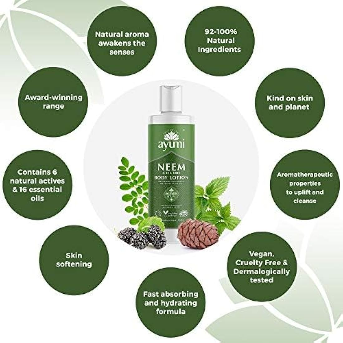 Ayumi Neem & Tea Tree Body Lotion | Oil Control Moisturiser for Oily Skin | Acne Cream with Witch Hazel | Nettle Leaf Hand Cream to Soothe Irritation | Body Moisturiser for Men & Women | 3 x 250ml