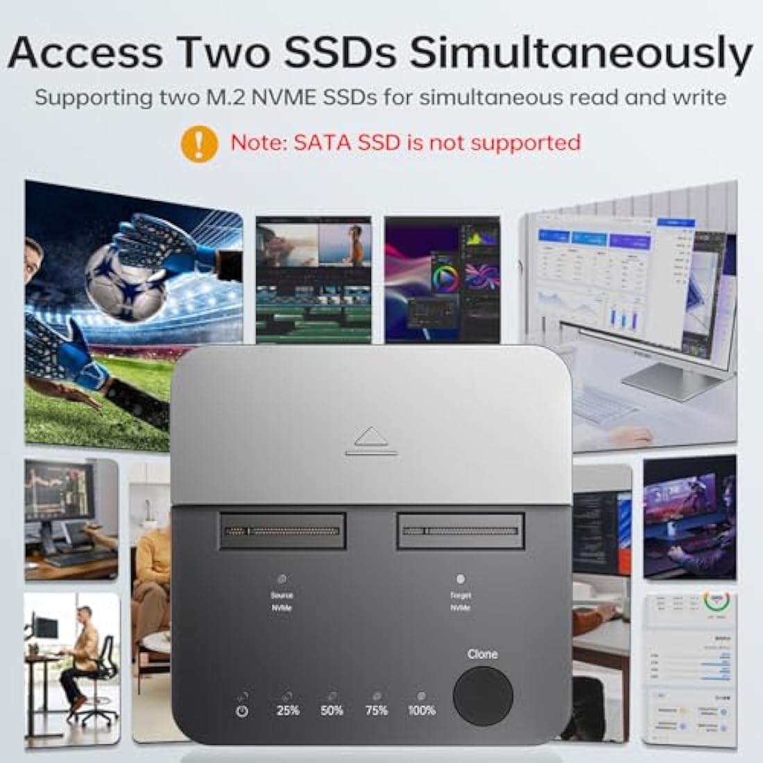 SSK M.2 NVMe SSD Cloner, Dual Bay Enclosure, Tool-Free 20Gbps USB3.2 Gen 2X2 Docking Station for M Key PCIe NVMe SSD Reader, Offline Clone