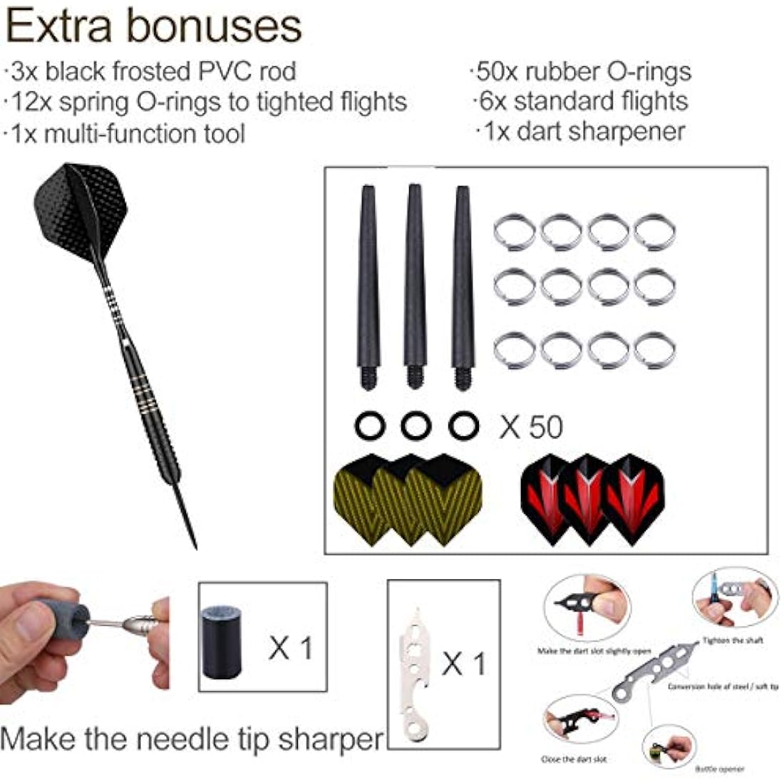 sanfeng Professional 3 Pack 22g, 23g, 24g, 27g Steel Tip Darts Set With Darts Stems Flights + 50pcs Rubber O-Rings + 12pcs Spring Rings + 1pcs Dart Sharpener Tool for Dart Board