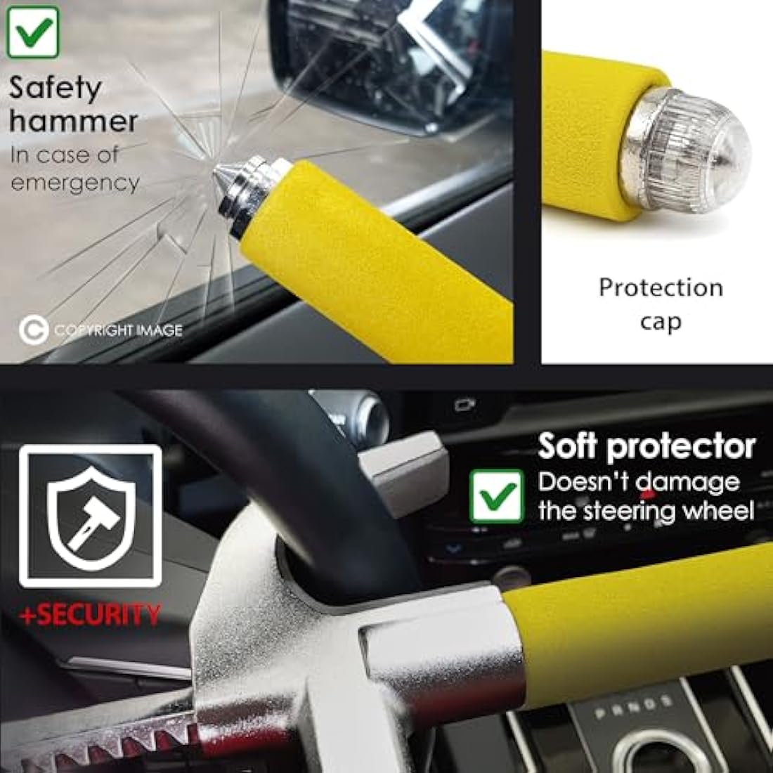 KRASER WA839Y Steering Wheel Lock High Security Bar, More Visible, Deterrent, Adjustable Double Hook Locking, Emergency Hammer, Universal Anti Theft Lock for Car, Truck, Van, Camper, Golf Cart