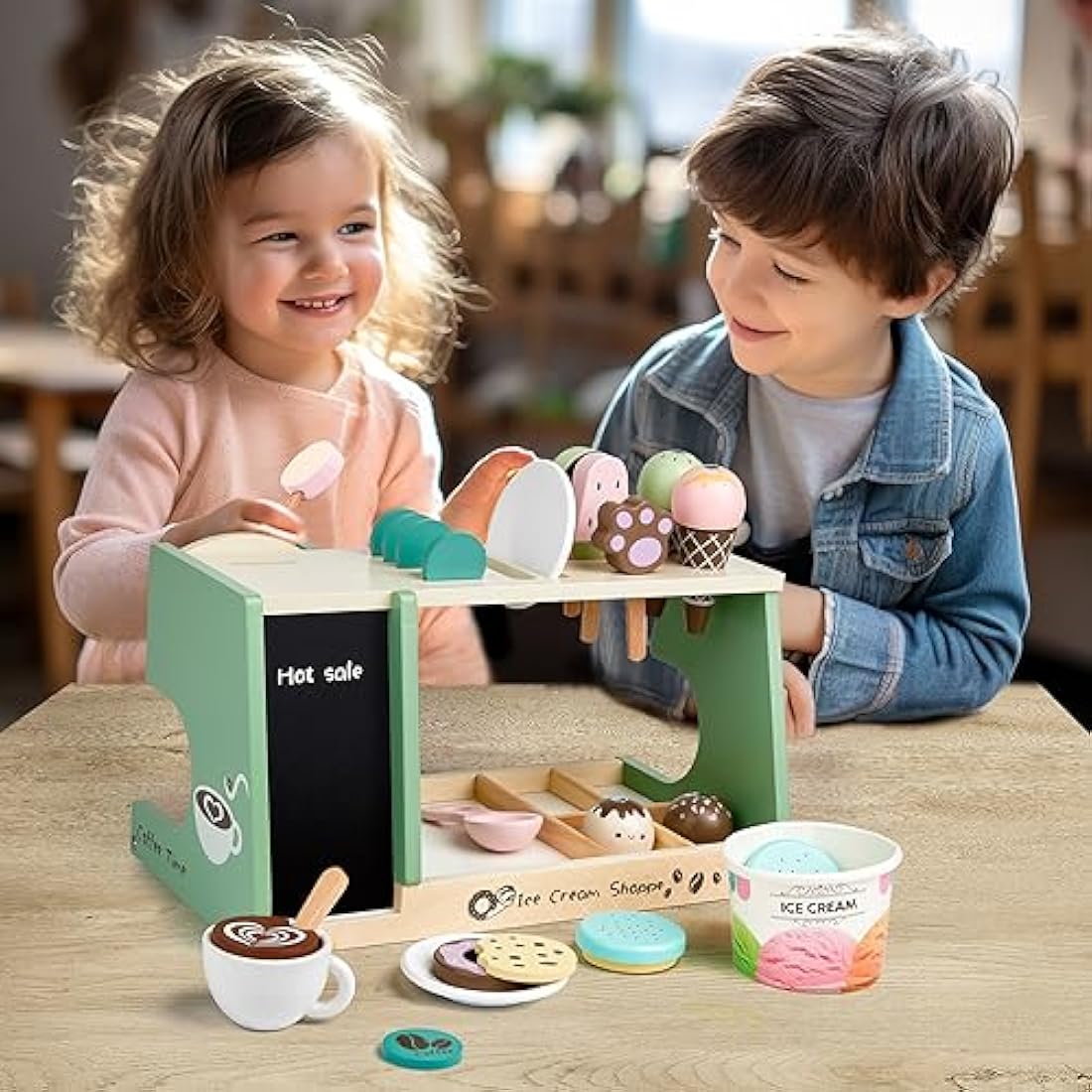 medoga Wooden Ice Cream Toy, 3-in-1 Ice Cream Counter with Coffee Maker 28 PCS Toddler Pretend Play Kitchen Accessories Wooden Toys for 3 4 5 6 Year Old Girl or Boy (Ice Cream)