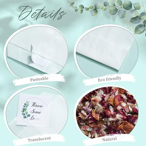 Tenare 100 Sets Wedding Confetti Bags Kit for 95-100 Guests, Includes Natural Dried Flower Rose Petals Glassine Confetti Bags Stickers Wooden Scoop