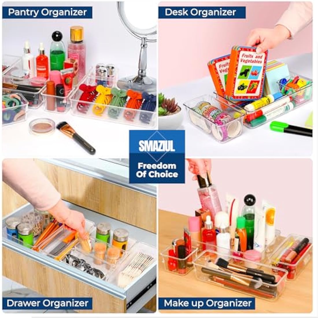 SMAZIUL 14 Pcs Clear Drawer Organiser with 4 sizes Desk Organizer ideal for organizing, cosmetics, makeup, jewelry, office supplies, bathroom accessories & much more