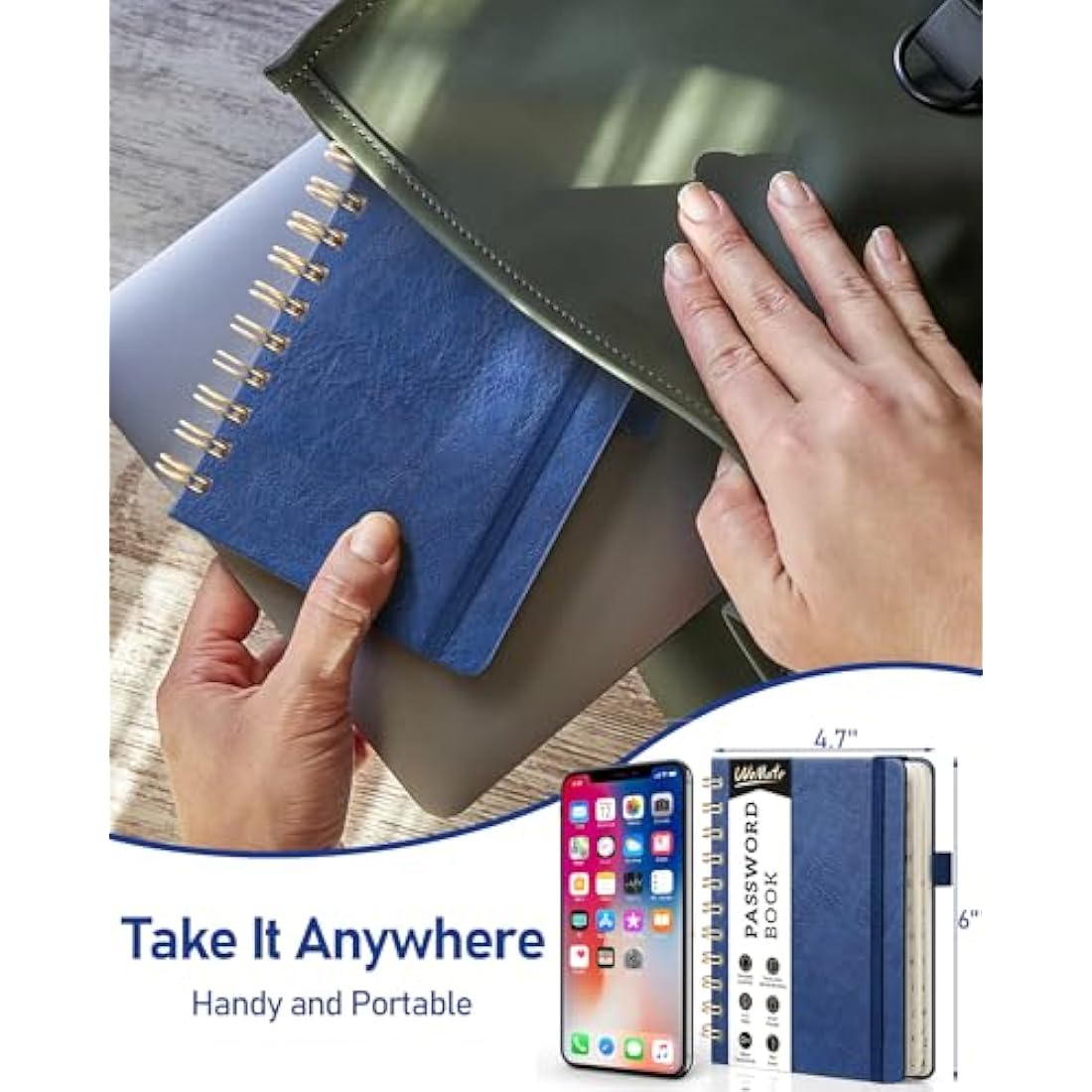 WEMATE Spiral Password Book with Alphabetical Tabs, Small Password Keeper Book for Seniors, Internet Password Notebook Hardcover Password Journal logbook – 12 x 15cm (Navy Blue)