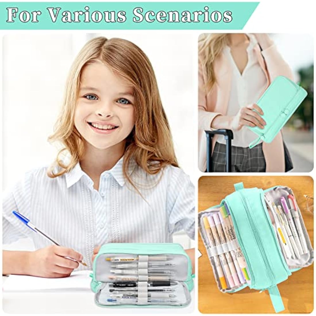 Tesmien Pencil Case, Large Pencil Case with 4 Compartments Stationery Organizer for Boys and Girls, Aesthetic Pencil Bag Suitable for Kids Teenagers Students Women Men, Green