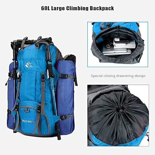 Bseash 60L Waterproof Hiking Camping Backpack with Rain Cover, Lightweight Outdoor Sport Travel Daypack Rucksack for Climbing Skiing