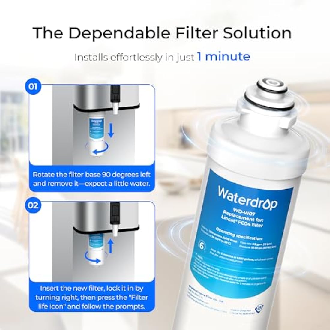 Waterdrop WD-W07 Water Filters, Replacement for Lincat® Water Filter FC04, Compatible with Lincat® Filterflow FX Series Water Boilers EB3FX, EB3FX/PB, EB4FX, EB6FX, EB6TFX, EWF-8007A (2)