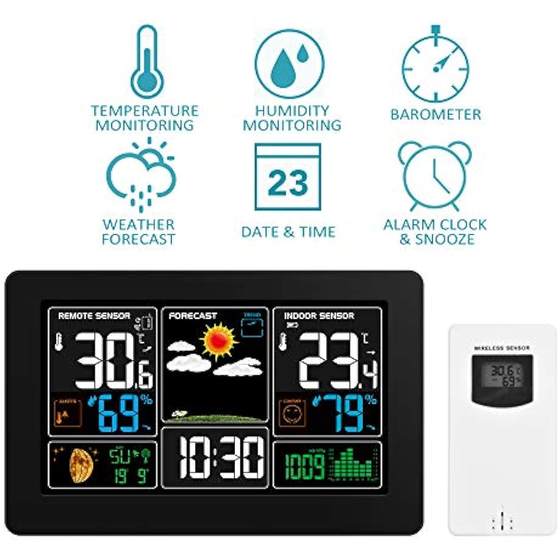 Kalawen Weather Station with Outdoor Indoor Sensor, MSF Wireless Digital Alarm Clock, Barometer, Temperature, Humidity Monitor, Weather Forecast for Home Garden