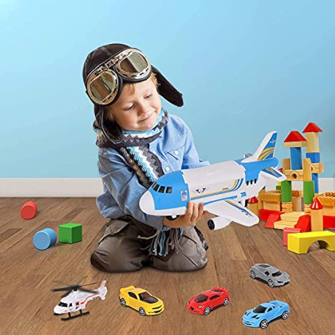 Shayson Transport Cargo Airplane Car Toy Play Set for Boys and Girls Ages 3 and Up - Includes 4 Cars, 1 Helicopter, Kids DIY Preschool Toy Gift