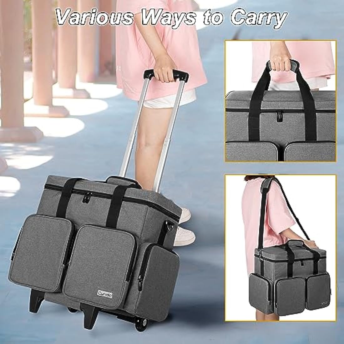 CURMIO Rolling Scrapbook Tote with Padded Laptop Sleeve, Wheeled Scrapbook Supplies Storage Bag with Detachable Trolley and Bottom Wooden Board, Rolling Craft Bag for Scrapbooking Supplies, Grey
