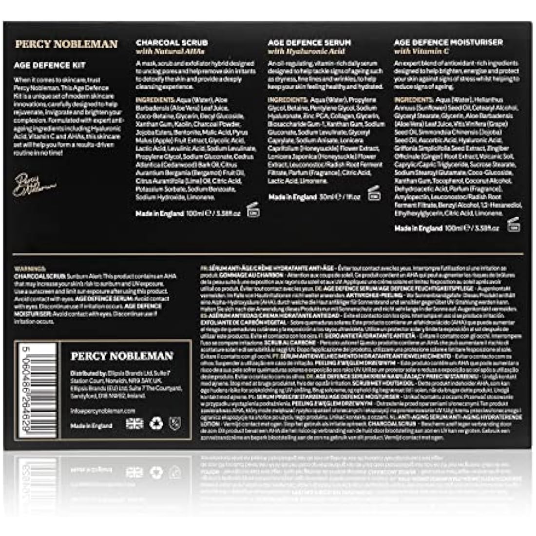 Percy Nobleman Age Defence Kit, a men's skincare set containing Charcoal Face Scrub (with Natural AHAs), ultra-hydrating Facial Serum (with Hyaluronic Acid), and Moisturiser (with Vitamin C)