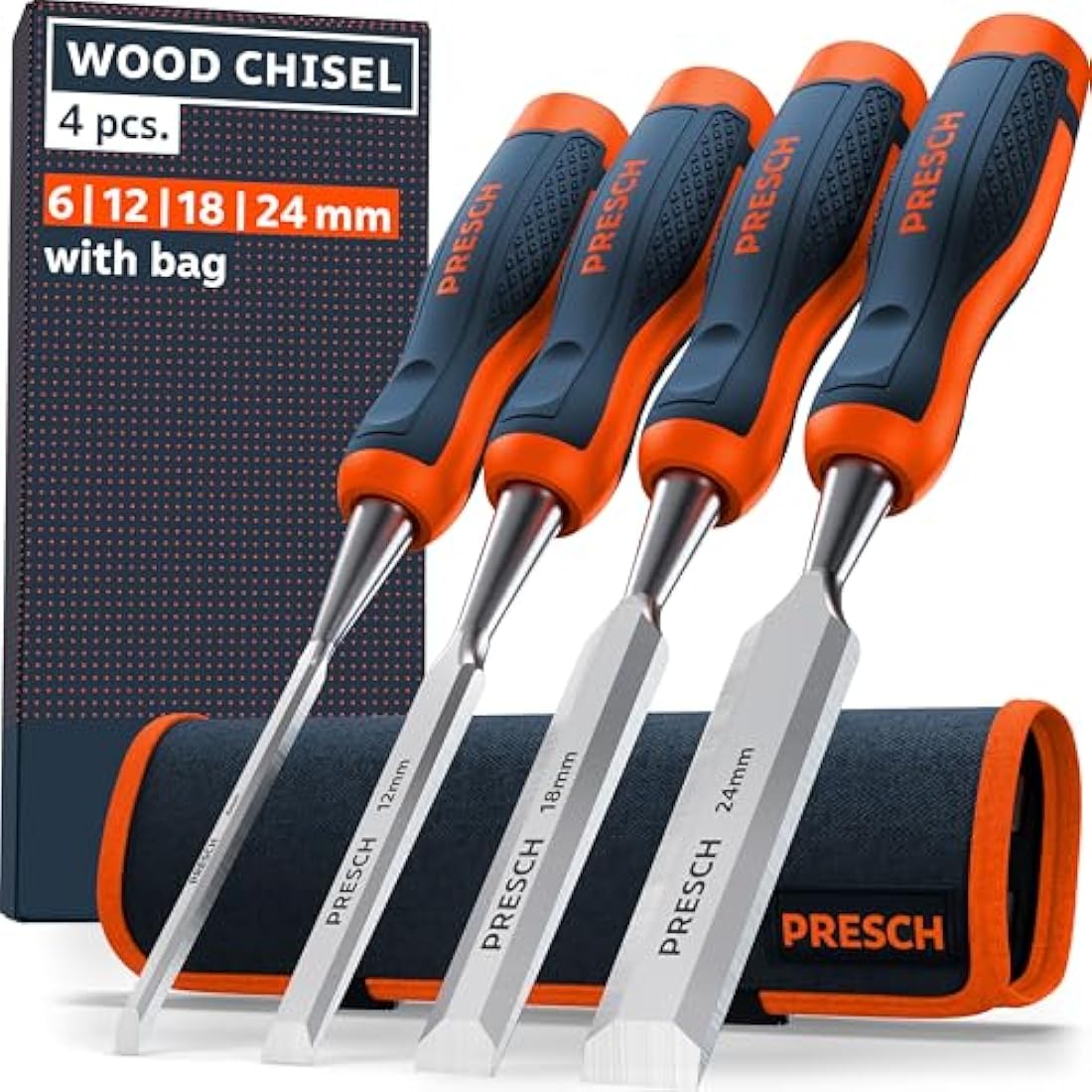 Presch Wood Chisel Set 4 pcs. incl. Bag (6, 12, 18 & 24mm) - Fully Polished for immediate use - for Professionals with a 25° Angle and Robust Metal Striking Cap