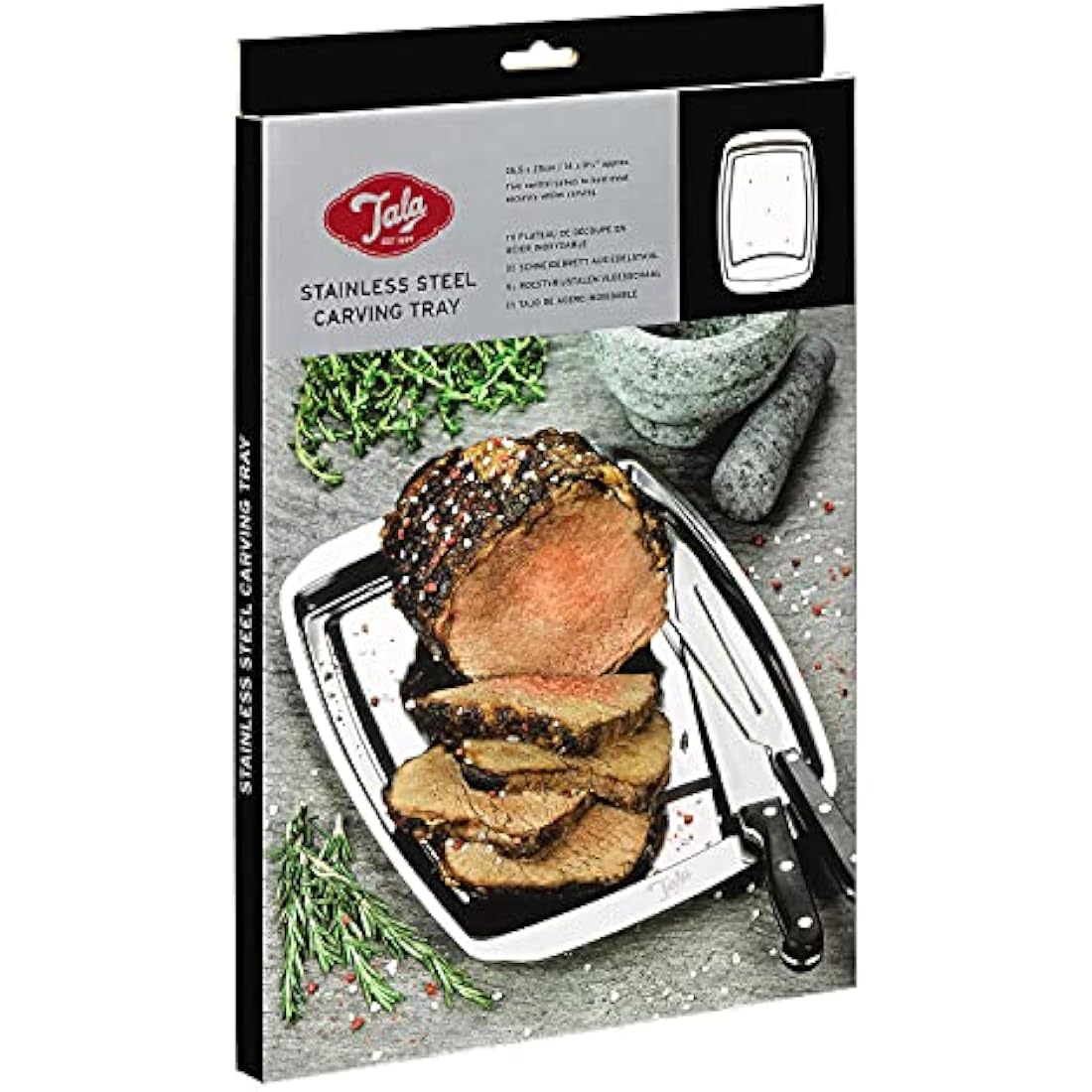 Tala Performance Stainless Steel Carving Tray, with 5 Spikes to Hold Meat Whilst Carving, 35.5cm x 25 cm
