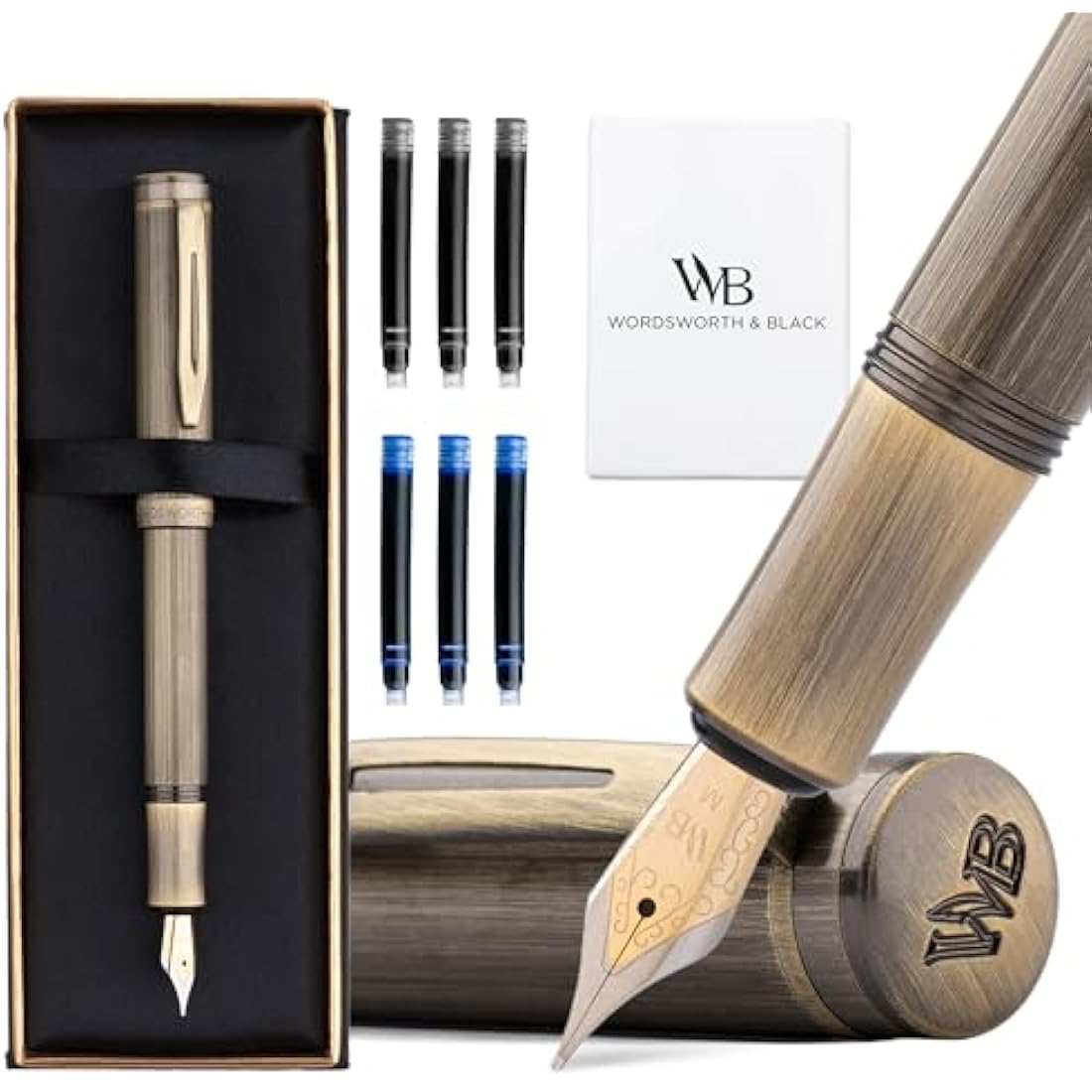 Wordsworth and Black Fountain Pen Mini EDC: Luxury Bronze Heavy Pocket Pen, Medium Nib, 6 Ink Cartridges, Ink Converter, Travel Refillable Writing Pen Gift Set, Men & Women