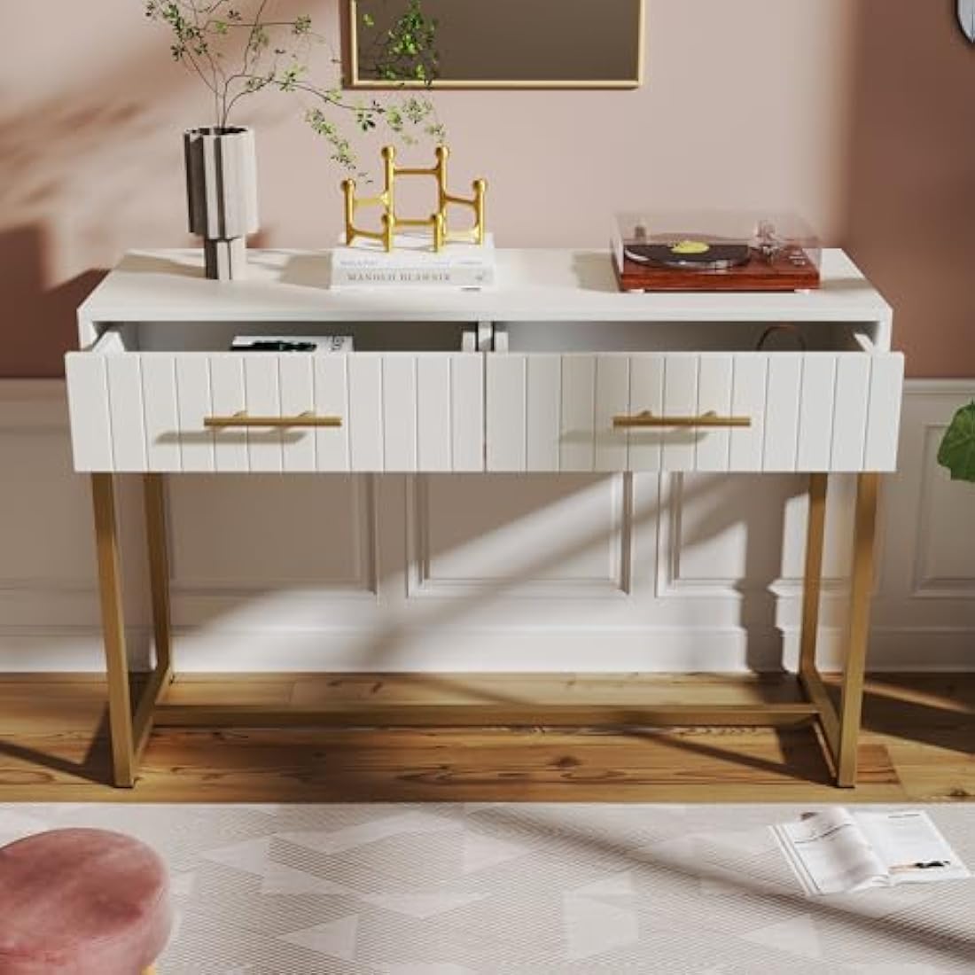 Merax Modern Desk with Drawers 2, Dressing Table with Ribbing Drawer Fronts, Wooden Vanity Desk, Golden Metal Legs, Makeup Desk Storage Table for Bedroom Living Room, White, 100 x 45 x 75cm