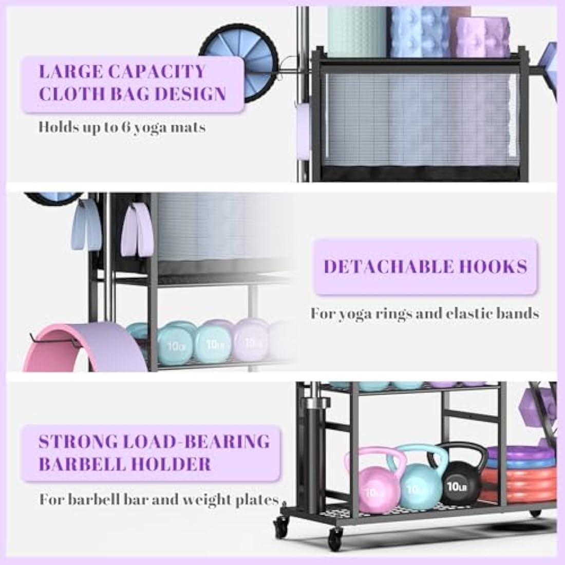 Mythinglogic Dumbbell Rack Stand, Multifunctional Weight Rack for Dumbbells, Yoga Mat, Fascia Roller, Kettlebell and Yoga Block, Powder-Coated Steel Dumbbell Stand with Wheels and Hooks