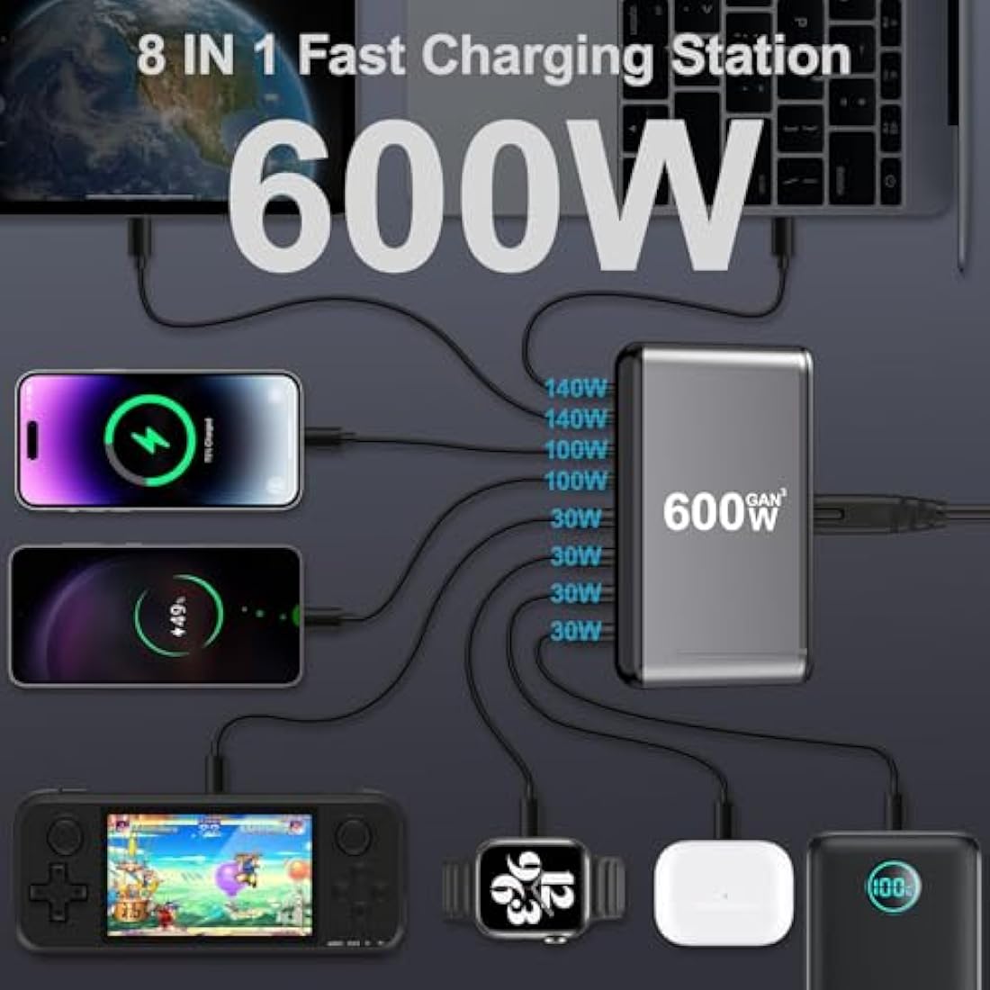 USB C Charger Block 600W 8 Port GaN3 Fast Charging Station Compatible with Laptop,ipad, iPhone 16/15/14/13 /12 Pro Max Fast Charge Pixel Note MacBook Pro/Air USB C Charger for Android
