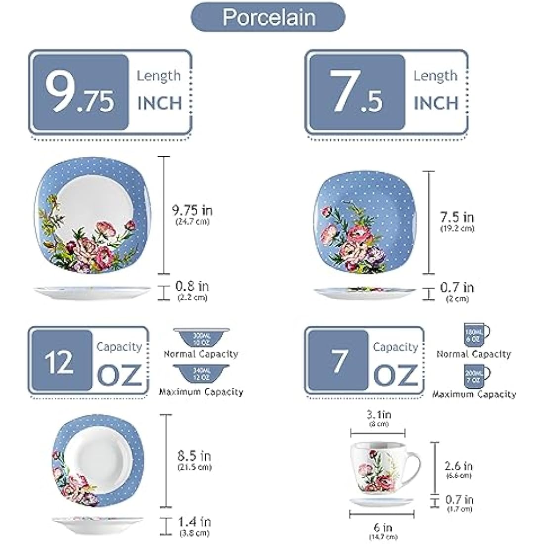 VEWEET 'Hannah' 30-Piece Dinner Set Blue White Dots Pink Flower Porcelain Pattern Combination Set with Dessert Plates Soup Plates Dinner Plates Cups Saucers Service for 6