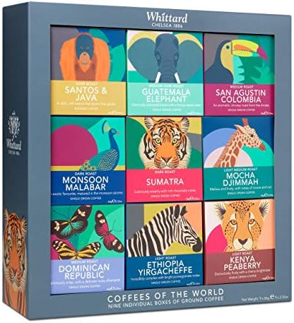 Whittard of Chelsea | Coffees of the World Gift Set For Men & Women | 9 Boxes of Single Origin Ground Coffee | Brews up to 72 cups | 9 x 66g Ground Coffee Bags