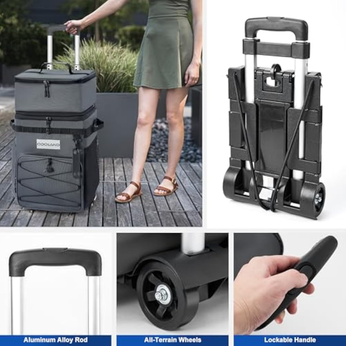 Odoland Cooler Box on Wheels, Leakproof Insulated Soft Rolling Cooler Bag with Stable All Terrain Cart and Handle Collapsible for Camping Beach Fishing Picnic with 6 Ice Cold Pack