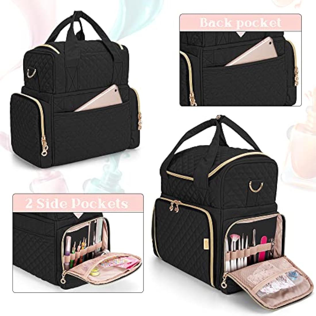 Luxja Nail Polish Organiser Hold 48 Bottles and a Nail Lamp, Nail Polish Case with 2 Removable Bags and Tools Storage Pockets (Patented Design), Black