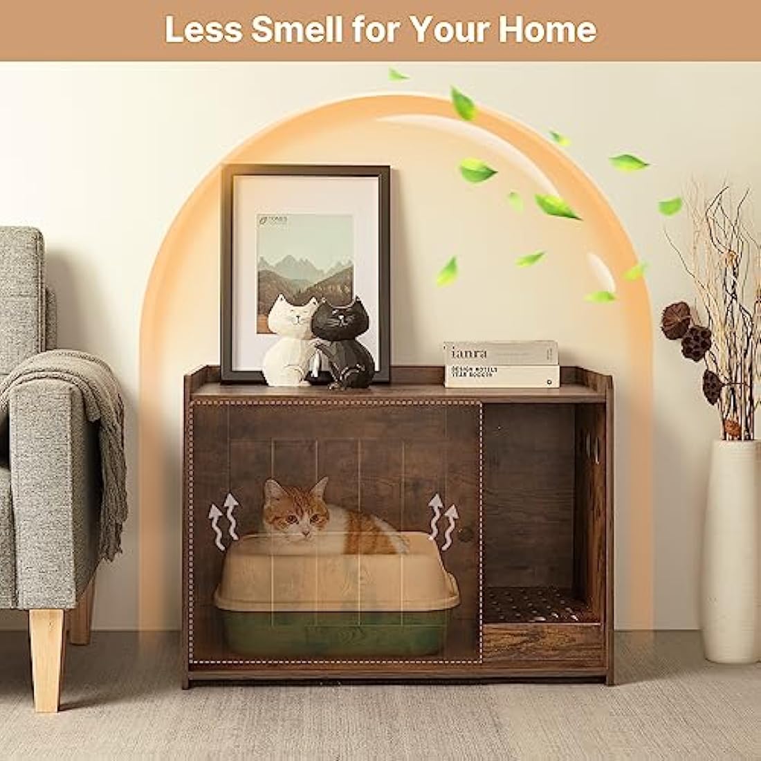 Mondeer Cat Litter Box Enclosure, Wooden Kitty Hidden Washroom Toilet with Door and Holes, Industrial Indoor Cat Houses for Living Room Bedroom Hallway, Rustic Brown