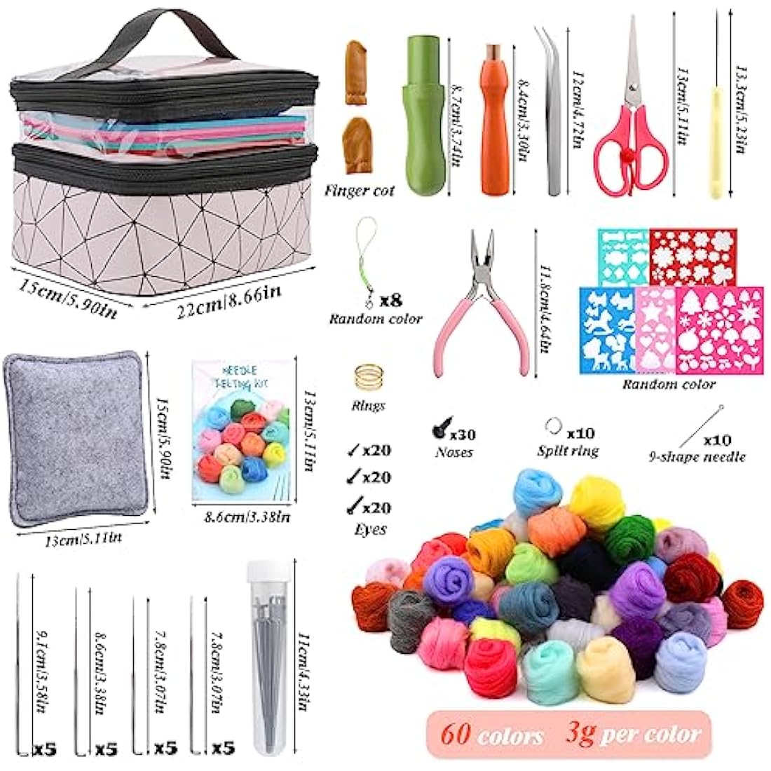 Axmru 215 Pcs Needle Felting Kit Wool Roving 60 Colors Set Basic Felt Tools and Supplies Needle Felting Starter Kit with Foam Mat Felt Molds and Storage Box for DIY Craft