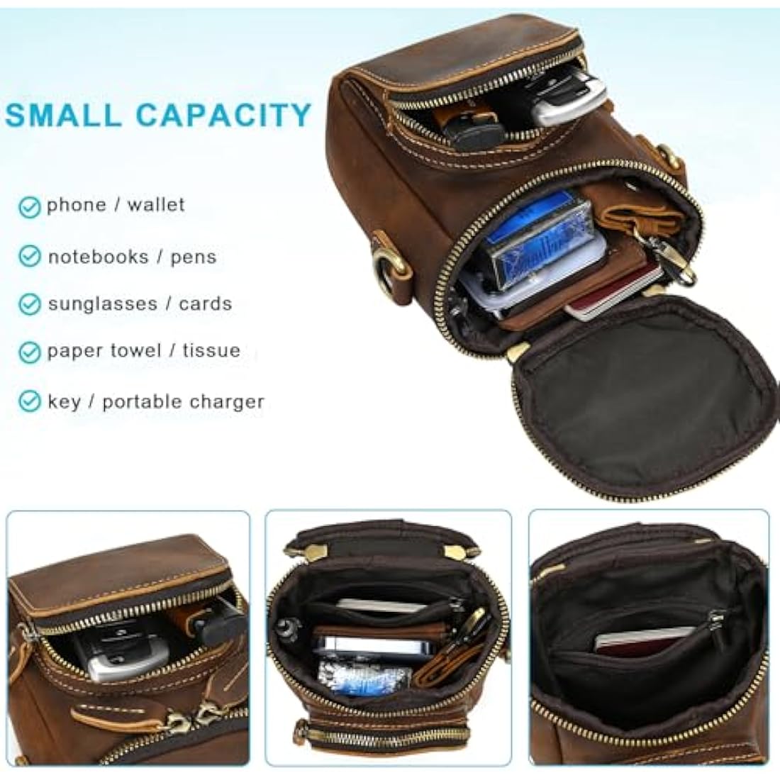 Mini Mens Genuine Leather Messenger Shoulder Bag Motorcycle Bike Riding Cycling Multi Waist Fanny Pack Small Leather Leg Bag for Wallet Coin Key iPhone, 9391 Brown
