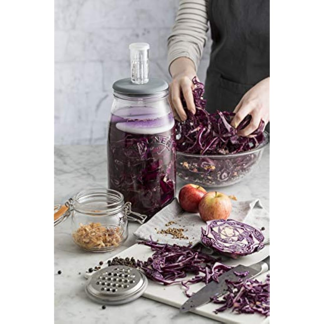 Kilner 3 Litre Fermentation Set Airtight Glass Jar with Silicone Lid, Air Lock, Ceramic Weights & Recipe, Booklet Ideal for Sauerkraut, Kimchi & Pickles
