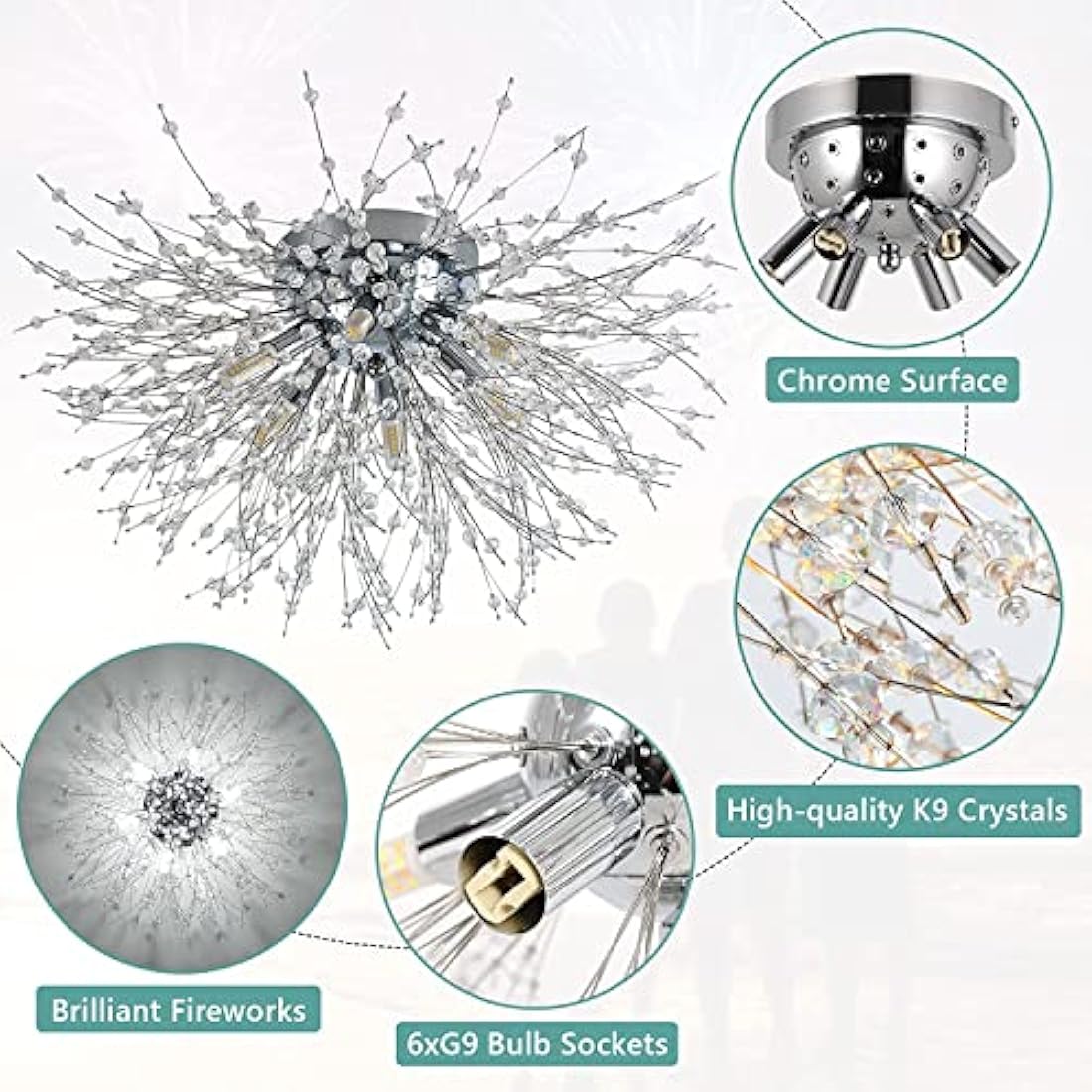 Rayofly Modern Crystal Ceiling Lights for Living Room, Chrome Fireworks K9 Crystals Chandeliers Fittings, 6 G9 LED, Chandelier Ceiling Pendant Lights for Bedroom, Dining Room, Hallway