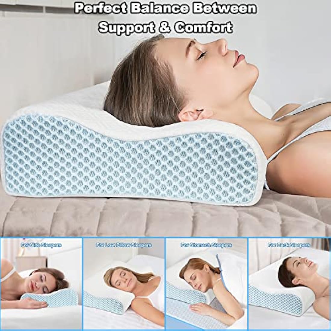 PKBD Memory Foam Pillow with Replacement Pillowcase(Cooling Ice Silk&Cotton),Neck/Shoulder Pain Relief,Ergonomic Orthopedic Cervical Pillow,Bed Pillow for Side,Back,Stomach Sleepers