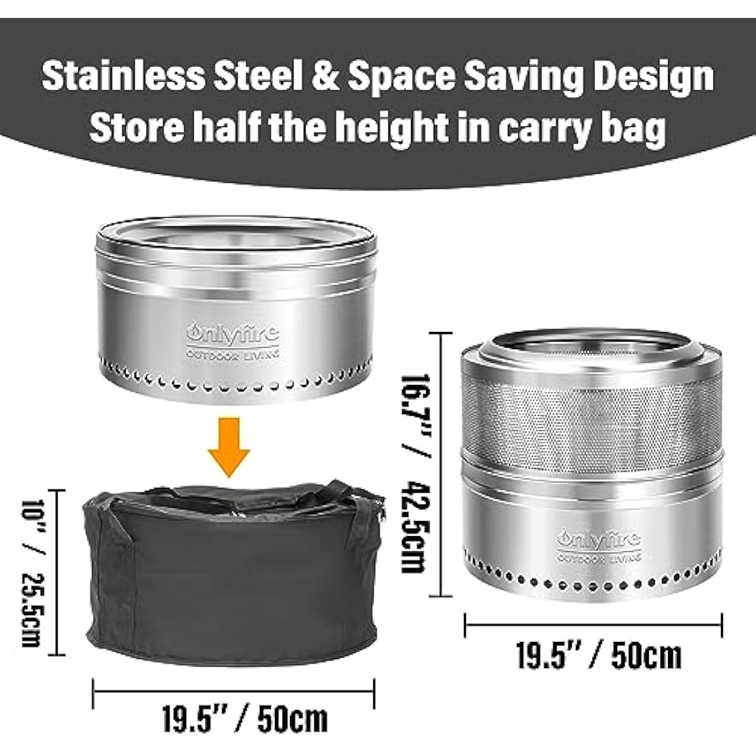 Onlyfire Φ50 cm Smokeless Fire Pit Wood Burning with Holes, Stainless Steel Portable Outdoor Bonfire Stove with Carrying Bag