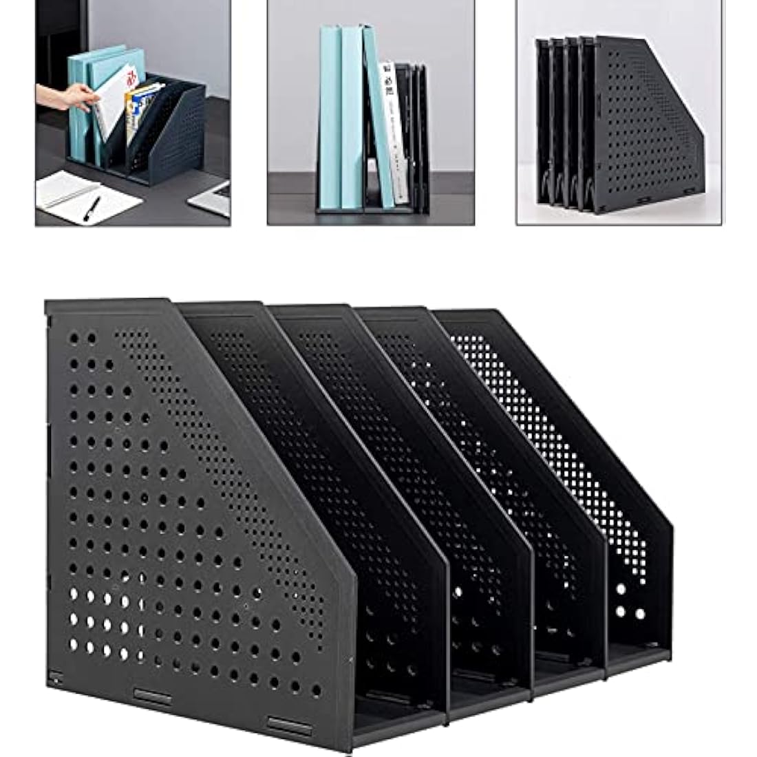 Sivelike A4 File Holder Folding Bookshelf,1 Year Warranty,4 Vertical Compartments magazine file holder,Desk Organizer Document Folder for Office Organization and Storage (Dark gray)