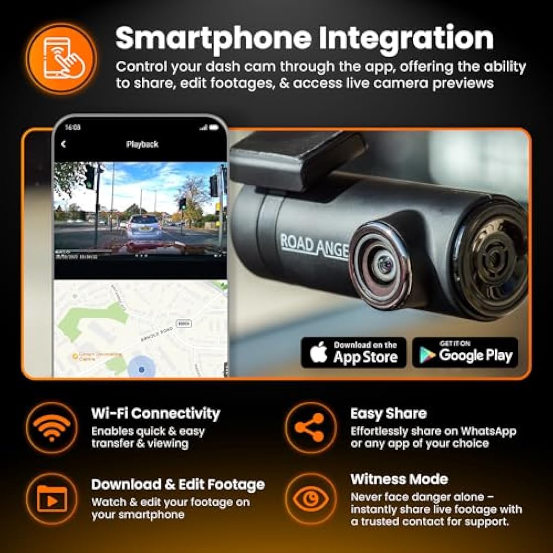 Road Angel Halo Drive 2K In Car Camera Dash Cam Front - Dashcam Front - Night Vision Dashcams for Cars - Car On-Dash Mounted Cameras with Supporting App, Black